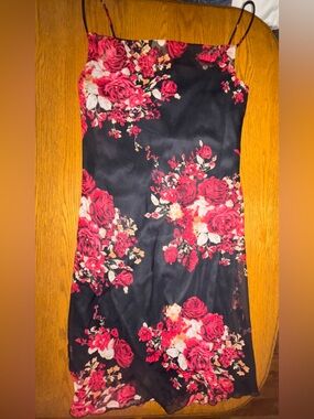 Floral Slip Midi Dress in Black and Pink